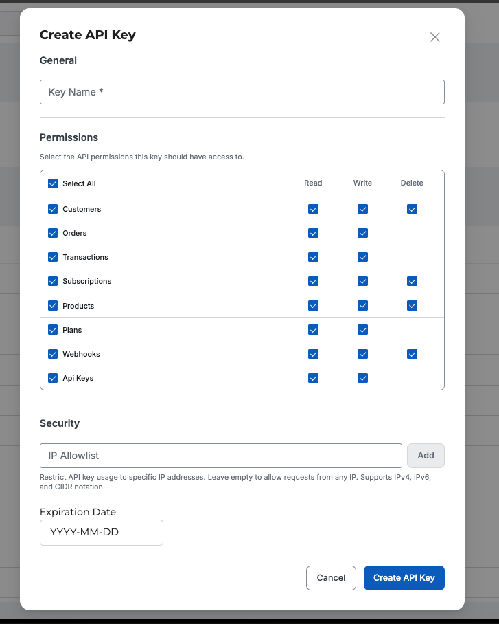 Create API Key dialog
