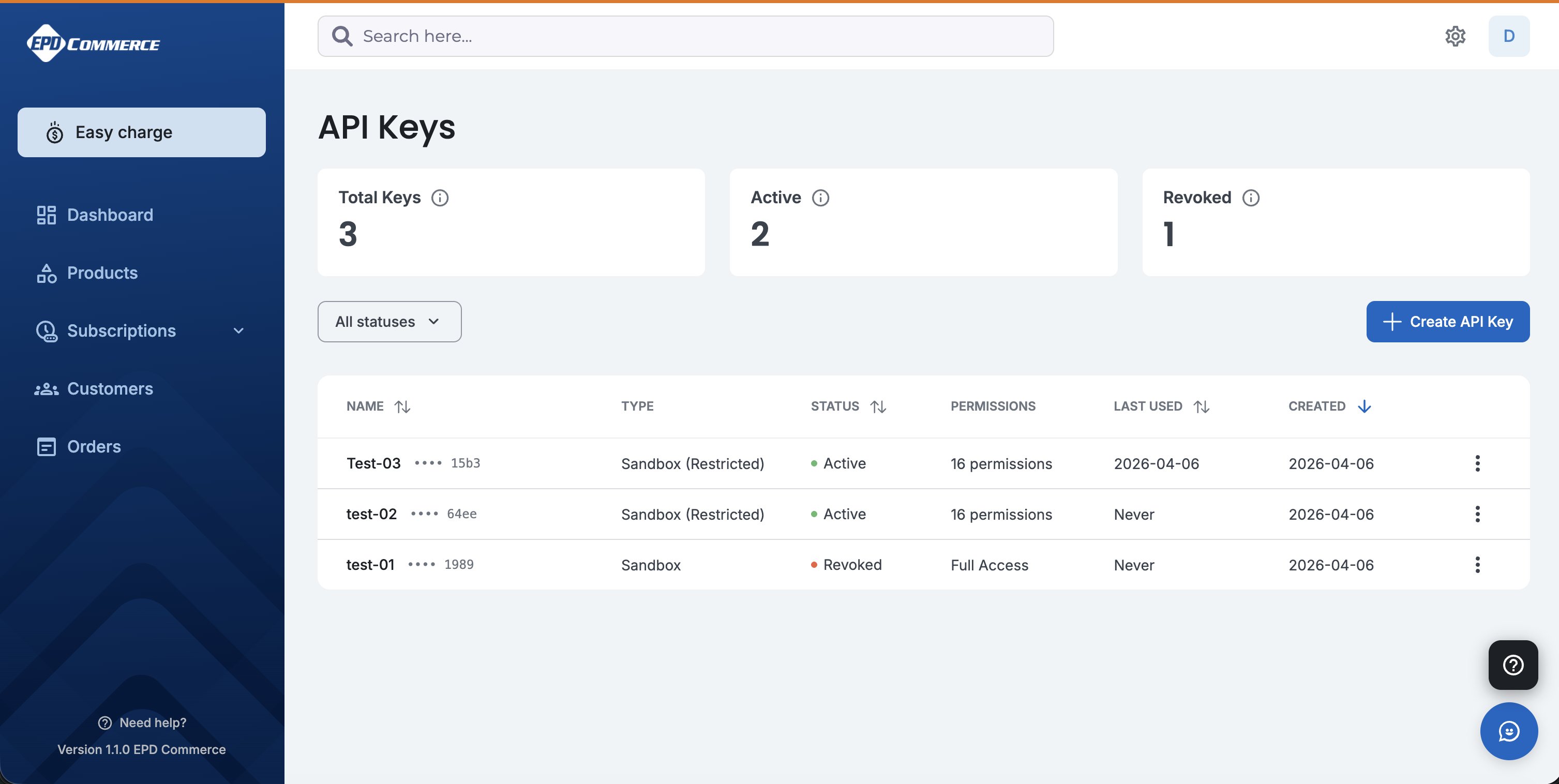 API Keys list page